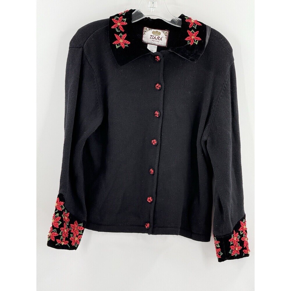 Vintage Tiara International Cardigan Sweater Petite MED Poinsettia Velvet Trim